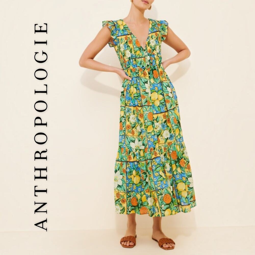 Anthropologie | S | Peregrine Flutter Sleeve Floral & Fruits Motif Maxi Dress